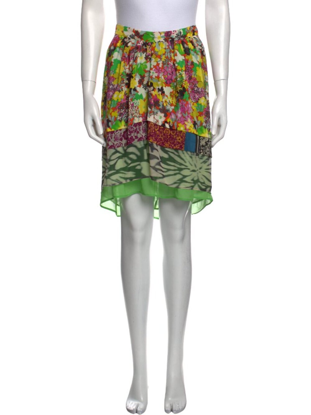 ETRO Floral Patchwork Silk Knee-Length Skirt Sheer Hem Made in Italy IT 42 US 6